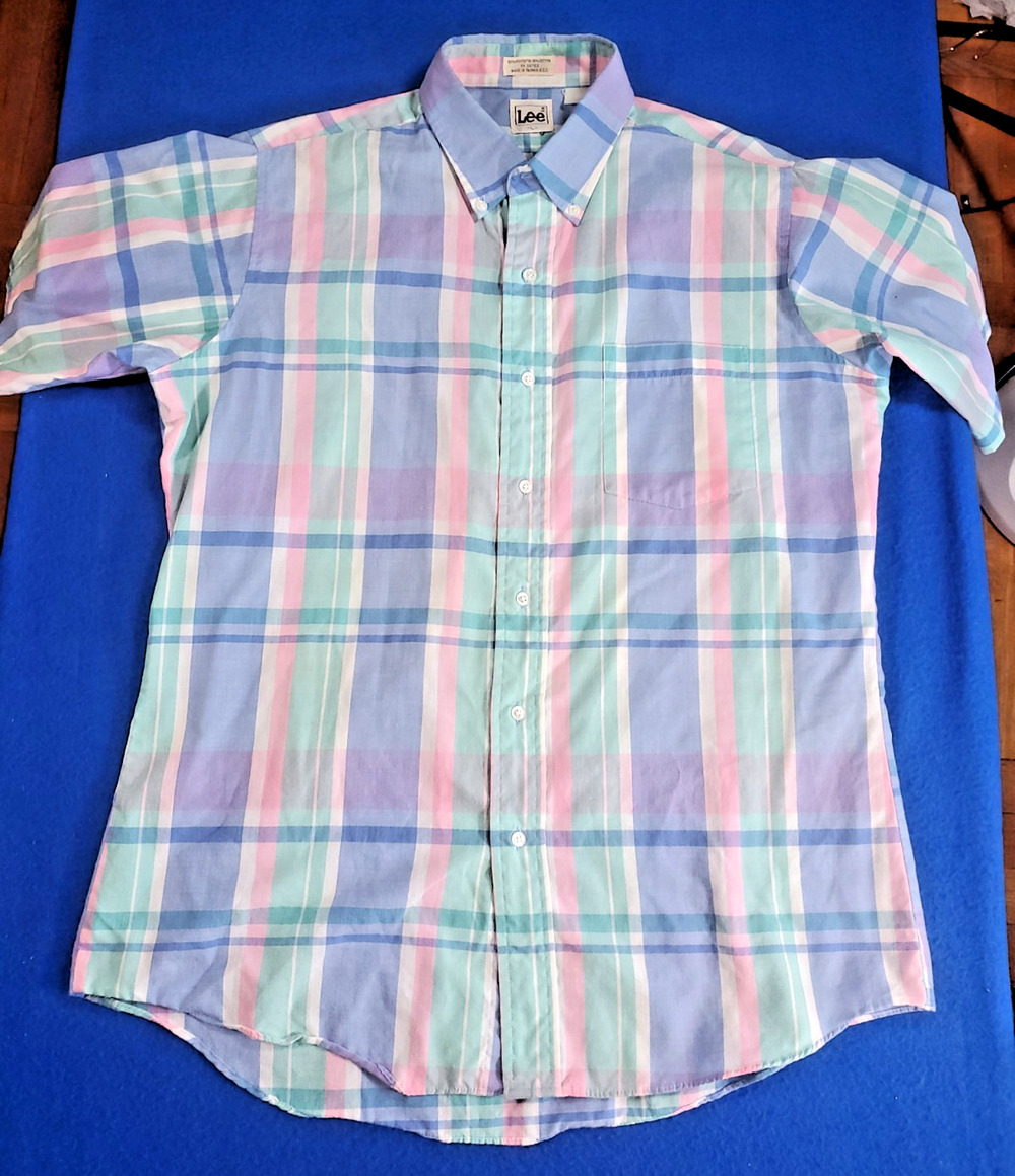 Vintage Lee Men's L Short Sleeve Button Down Shirt Pastel Plaid Pink Blue Green